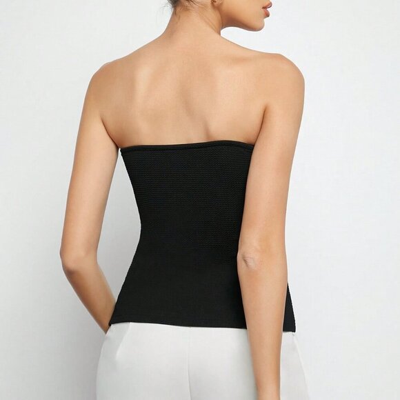 Black Casual Women's Button Front Split Hem Bandeau Top - Picture 2 of 7